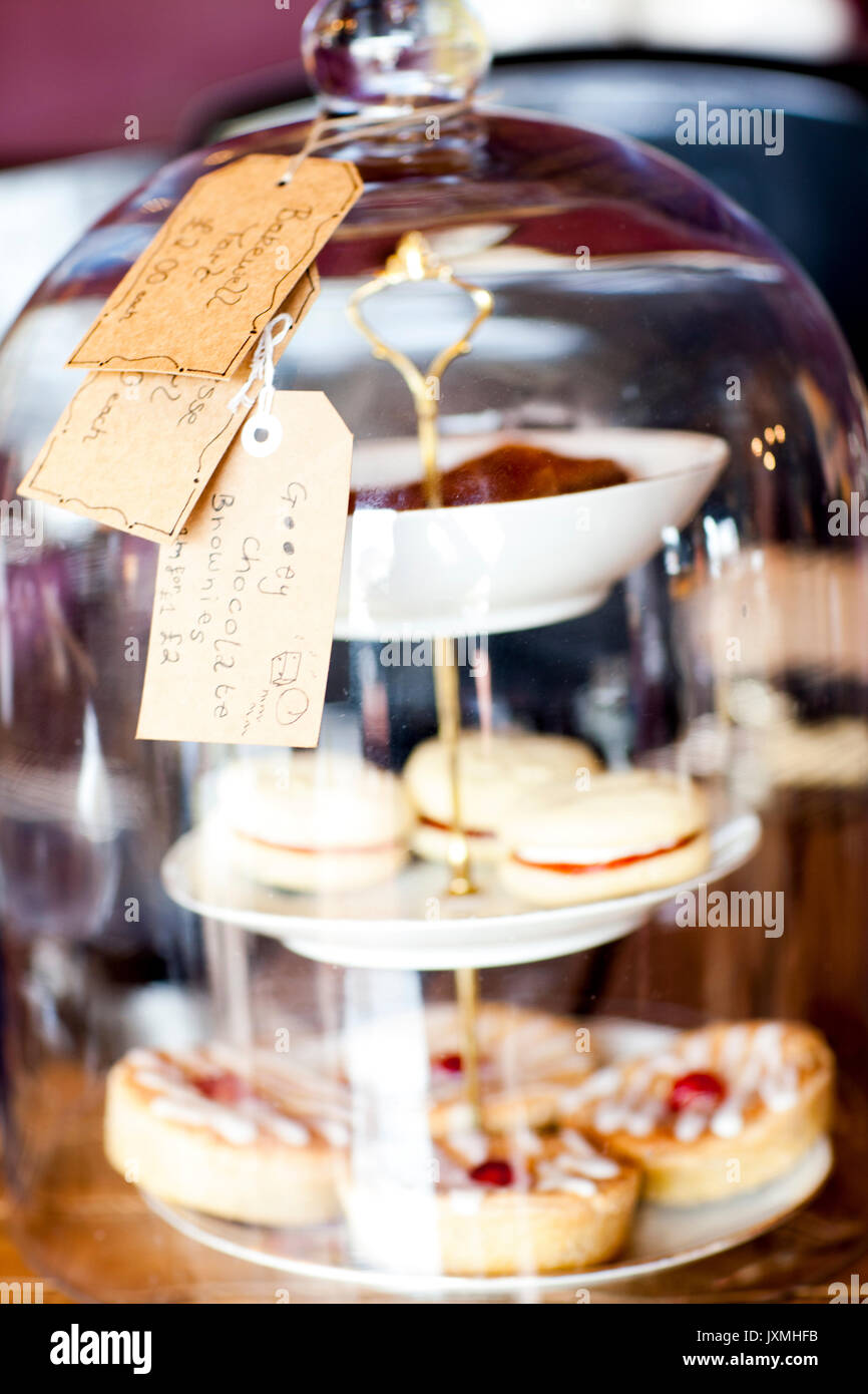 Hausgemachten Kuchen zum Verkauf unter einem Glas cloche auf Tee Zimmer Zähler Stockfoto