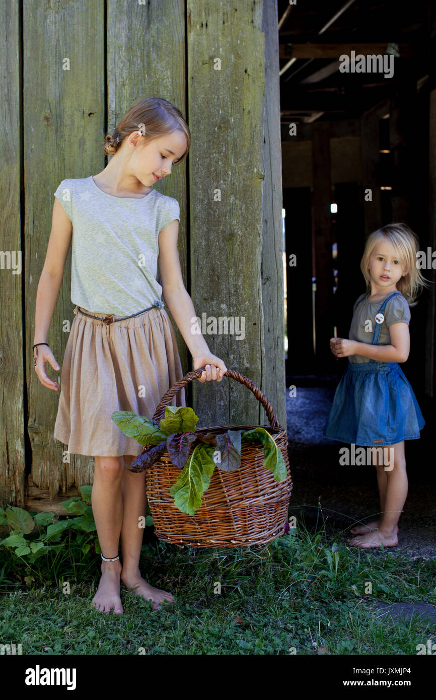 Mädchen mit Korb mit Gemüse Stockfoto