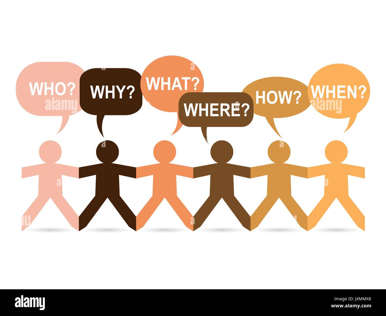 Skin Tone farbiges Papier Menschen mit Frage Sprechblasen Stock Vektor