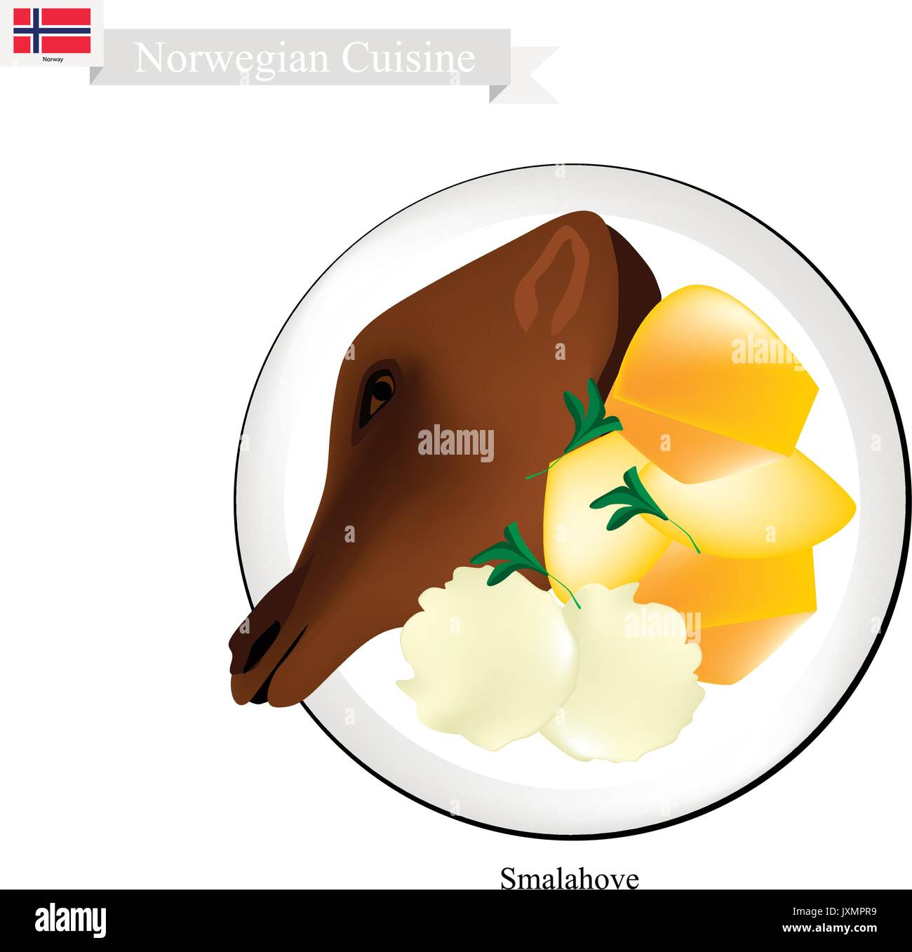 Norwegische Küche, Illustration von Smalahove, Smalehovud, Skjelte oder traditionellen gegrillten Sheeps Head, serviert mit Kartoffeln gekocht in der Regel gegessen, bevor Stock Vektor