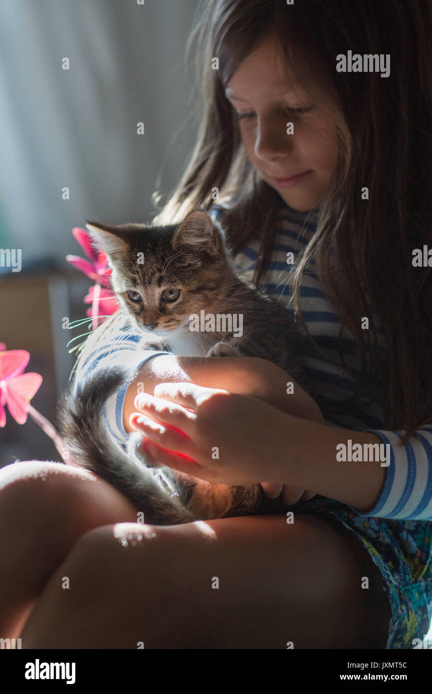 Mädchen, dass Kätzchen Stockfoto