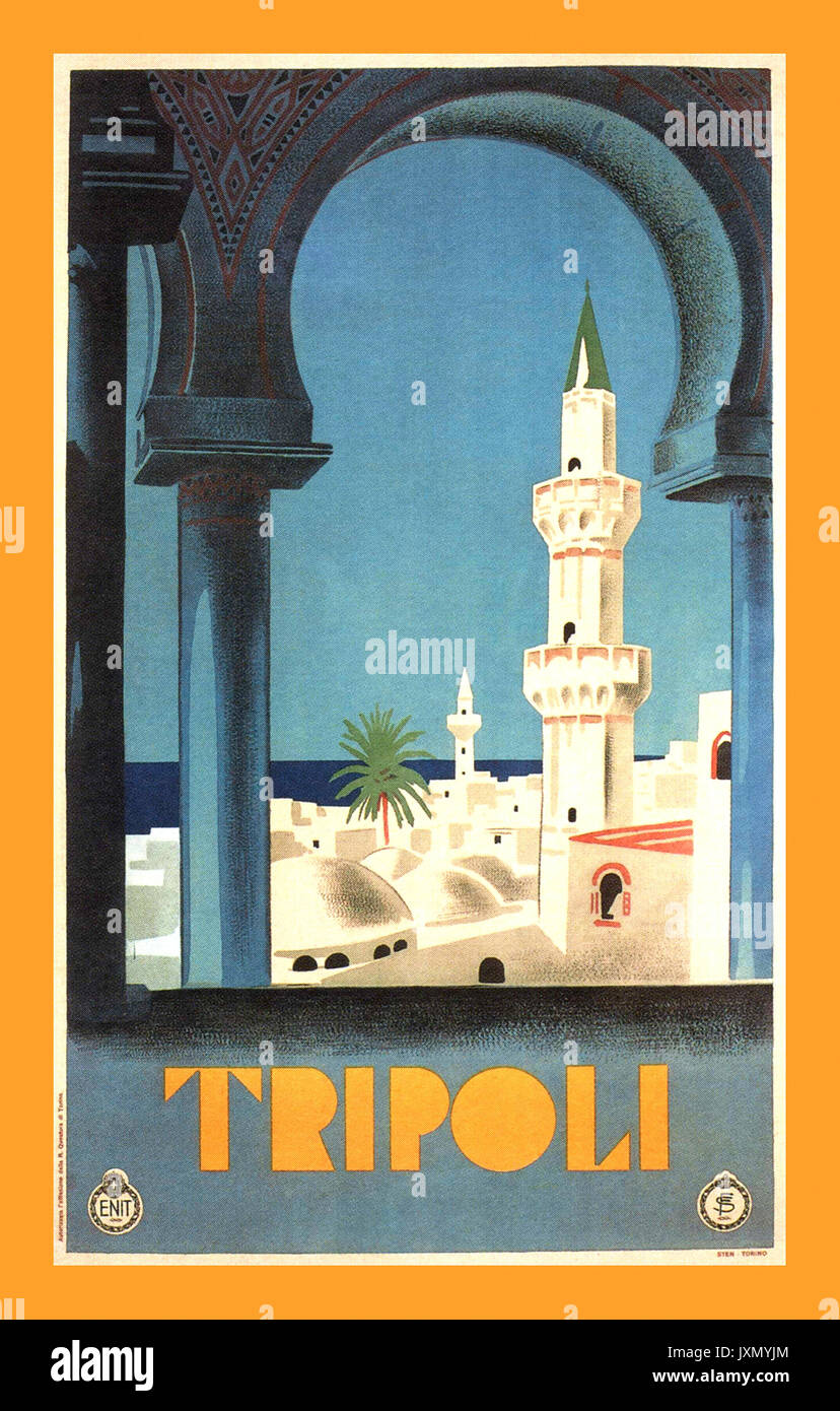 Libyen 1930er Jahre Vintage Tripoli Travel Poster mit Moschee Minarette für Aufruf zum muslimischen Glauben Gebet Libyen. Stockfoto