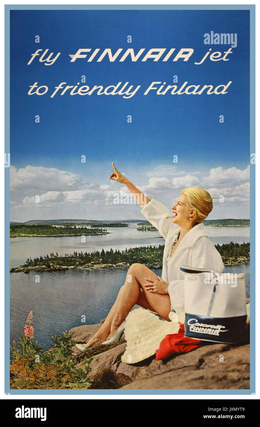 1960er Werbung airline Plakat für "Fliegen Sie mit Finnair Jet zu freundlich Finnland" Tourismus Urlaub Ferien Poster mit renommierten Seen Archipel Stockfoto