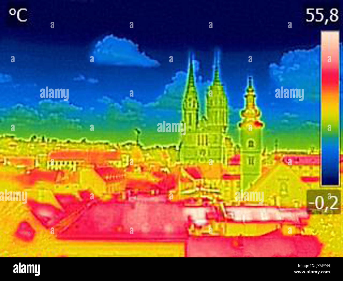 Infrarot-Thermografie-Bild-Panorama von Zagreb, zeigt Differenz Temperatur Stockfoto