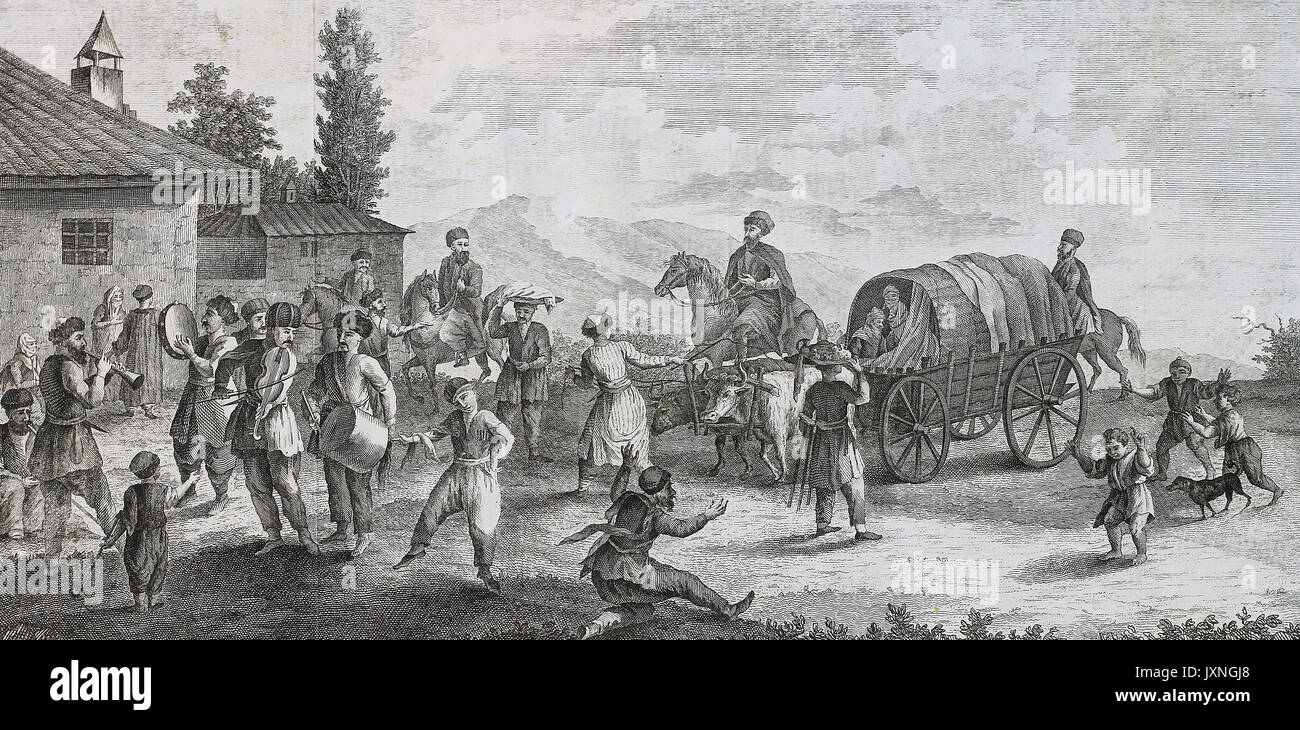 Die Lithographie "Tatar wedding" vom Bild des A. de Paldo gedruckt im Jahre 1803. Stockfoto