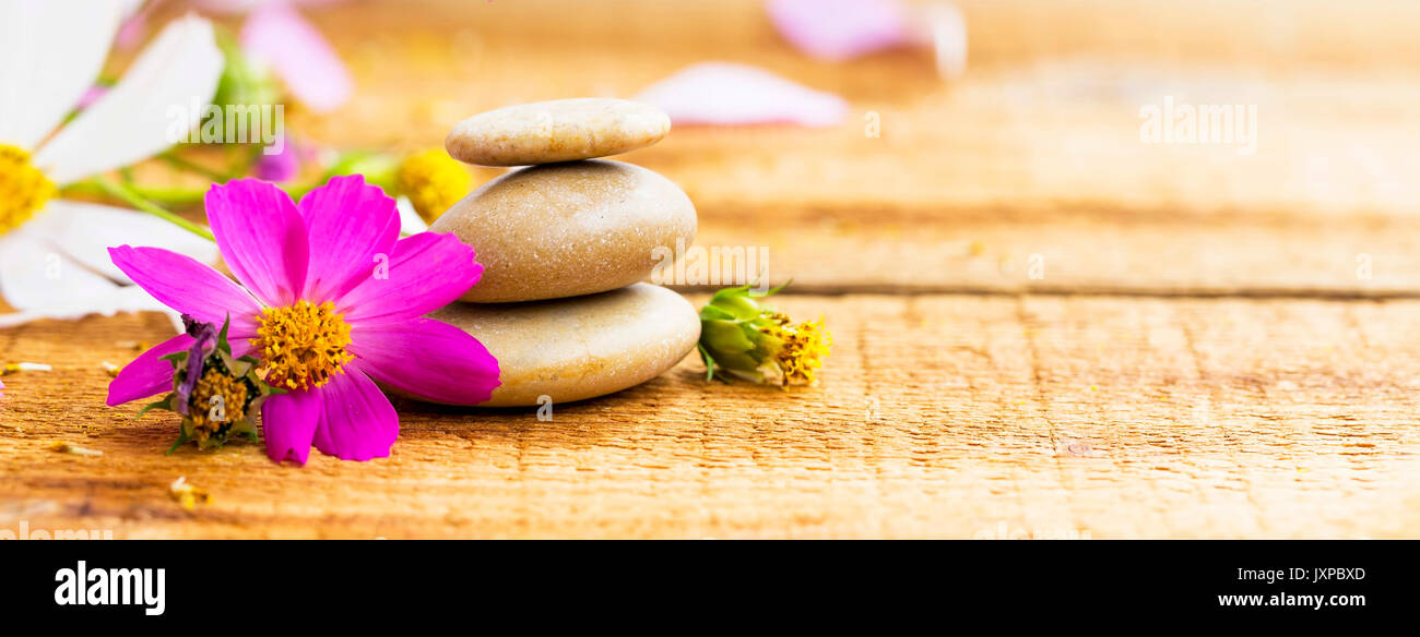 Spa Stillleben mit Blumen und Massage Steine Stockfoto