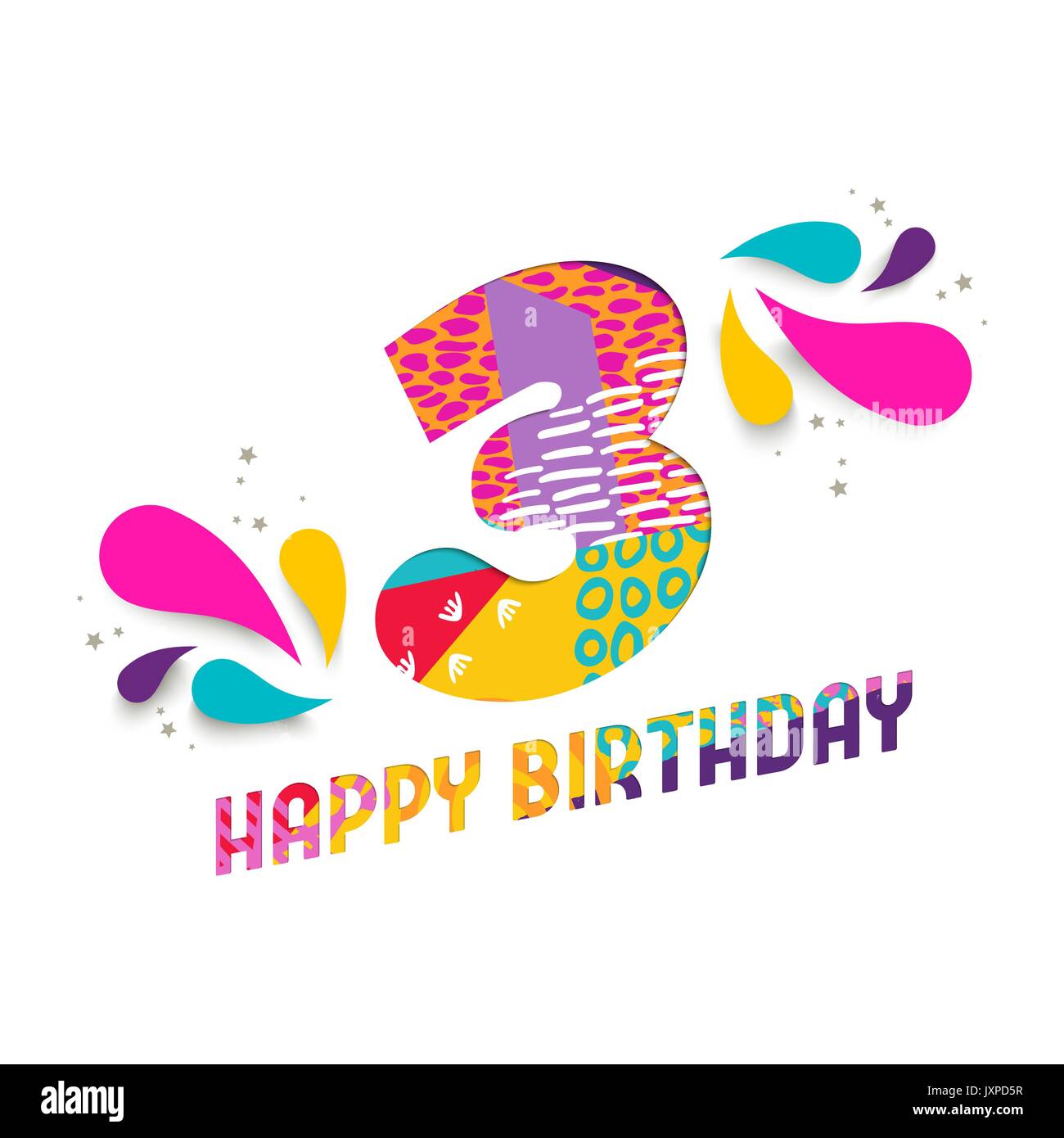 Alles Gute zum Geburtstag 3 Jahr, Spaß Papier Nummer und Text Label Design mit bunten abstrakte Hand gezeichnet Art. Ideal für Poster, Grußkarten oder Teil Stock Vektor