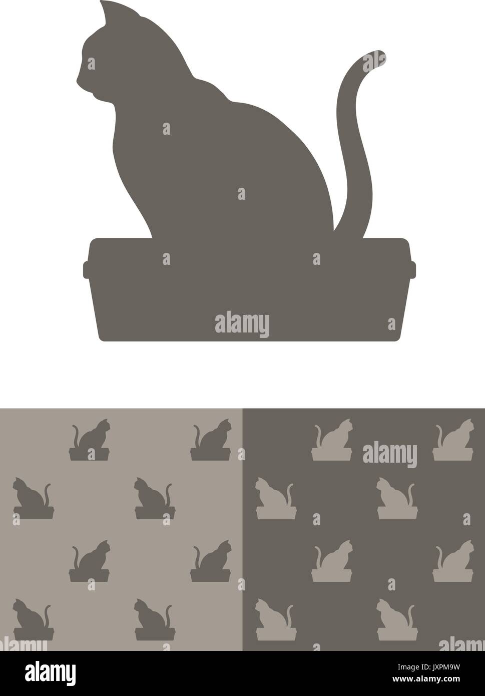 Katze, sitzend auf einem katzenklo silhouette Symbol als ein Gestaltungselement und in zwei verschiedenen Farbvariationen von einer nahtlosen Hintergrund Muster, Vektor Stock Vektor