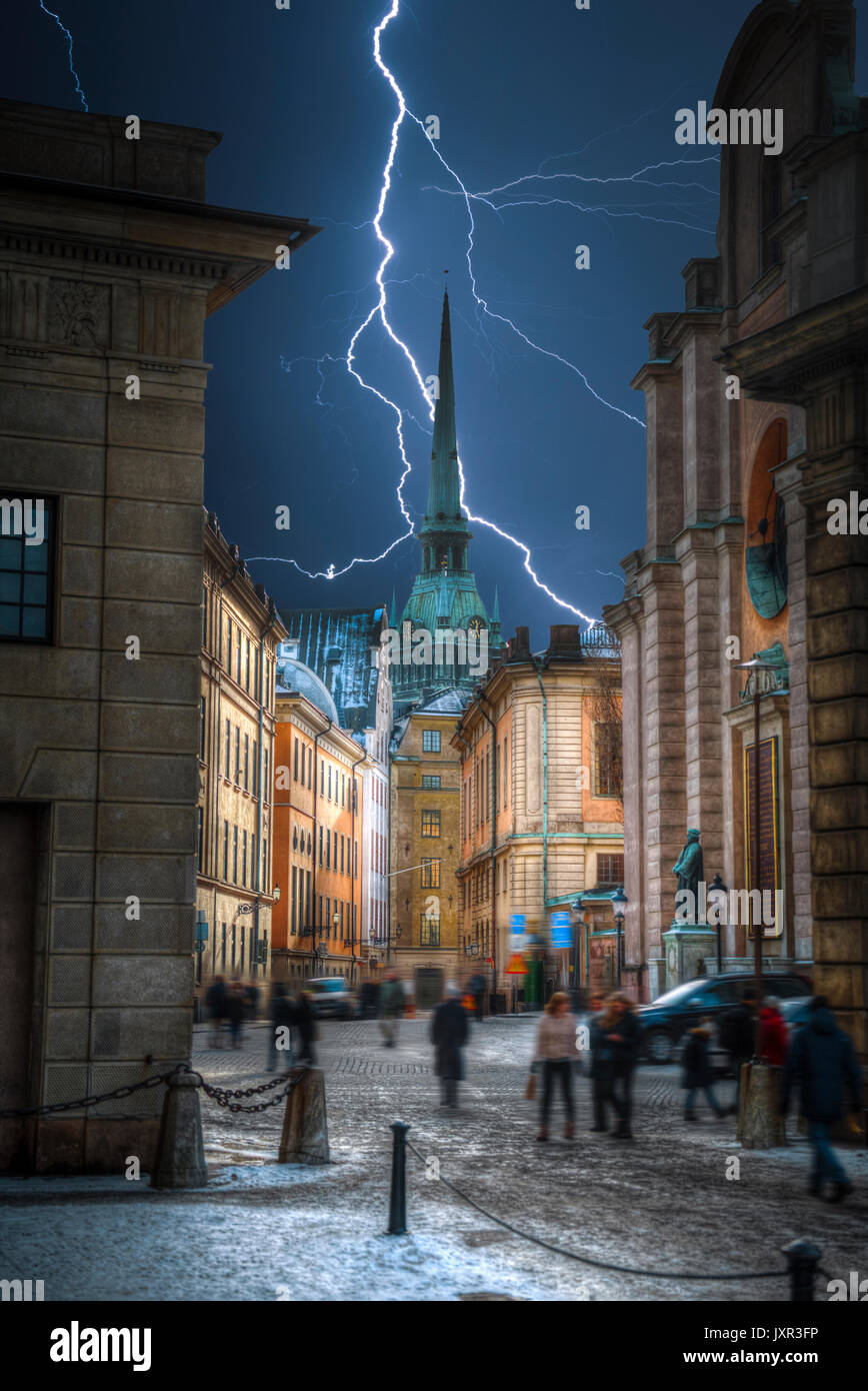 Stockholm ist die Hauptstadt und die grösste Stadt in Schweden. Starker Donner und Blitze. Stockfoto