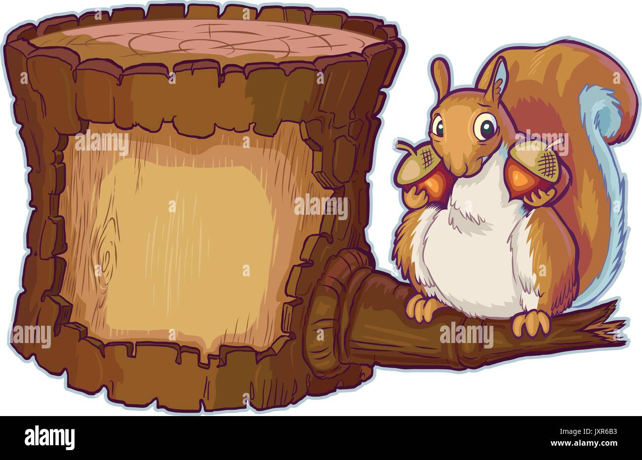 Vektor cartoon Clipart Illustration eines Holz- und offen in der Rinde für kundenspezifische Designs anmelden. Verfügt über ein Eichhörnchen auf einem Zweig mit 2 Eicheln. Stock Vektor