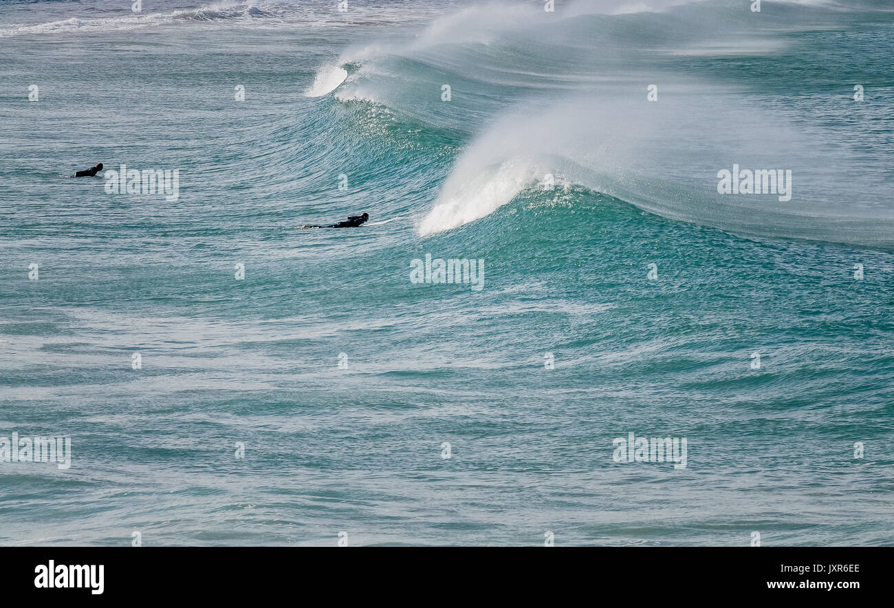 Zwei surfer Paddeln in die Wellen in Cornwall, England, Großbritannien Stockfoto