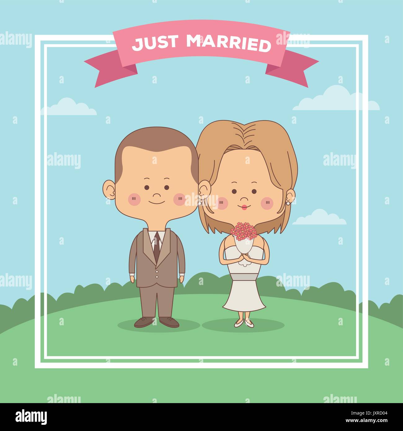 Farbe himmel landschaft Szene Grußkarte der frisch verheiratete Ehepaar Braut mit blondd Haar und Bräutigam mit Haarschnitt Stock Vektor