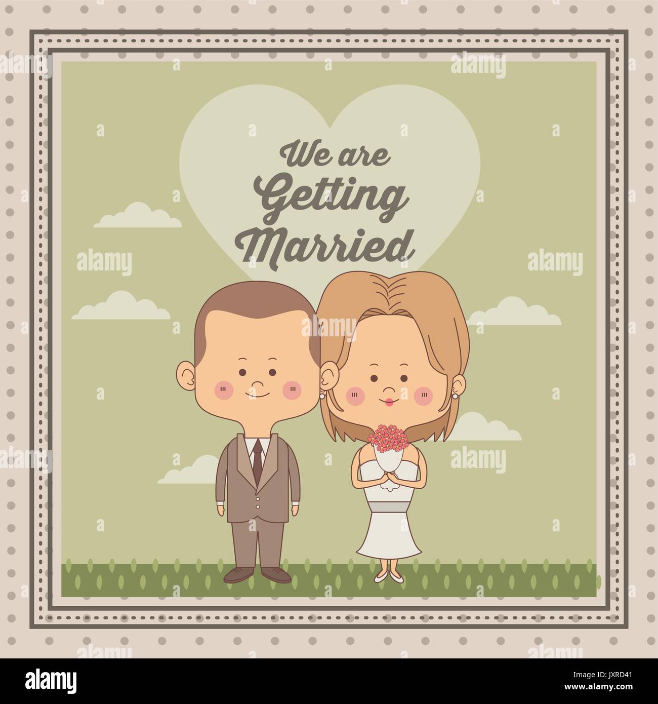 Grußkarte der Szene himmel landschaft mit dekorativen Rahmen der frisch verheiratete Ehepaar Braut mit blondd Haar und Bräutigam mit Haarschnitt Stock Vektor
