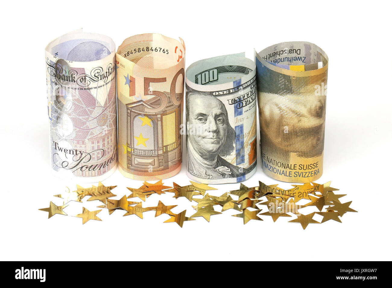 Die stärkste Währung der Welt Papier nimmt mit goldenen Sternen auf der Unterseite Stockfoto