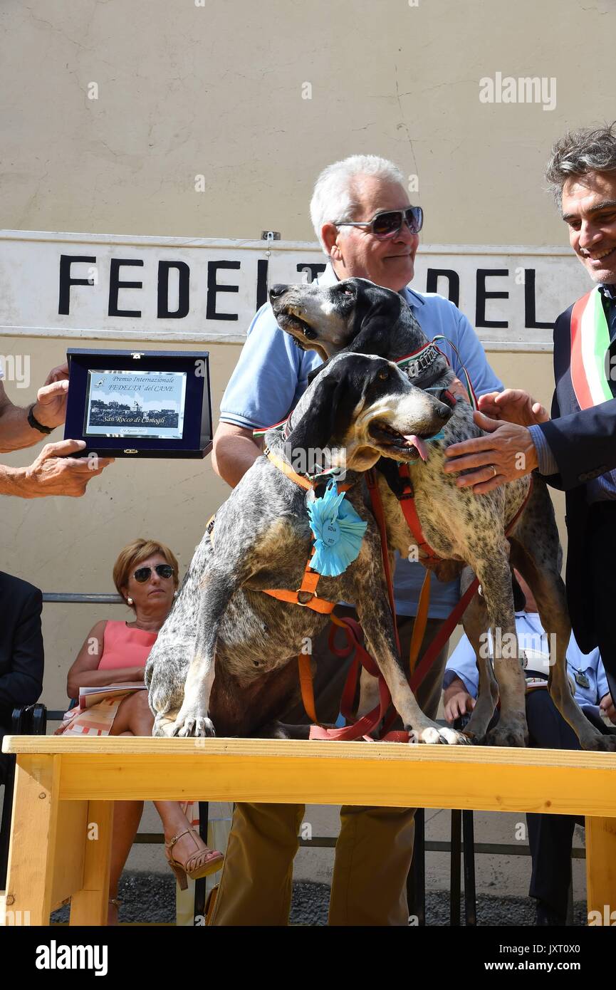 San Rocco (Rom): Fed Award des Hundes 2017. In der Foto: Die Sieger Gino und Gina, französische Jagdhunde mit Silvano Bertini Stockfoto