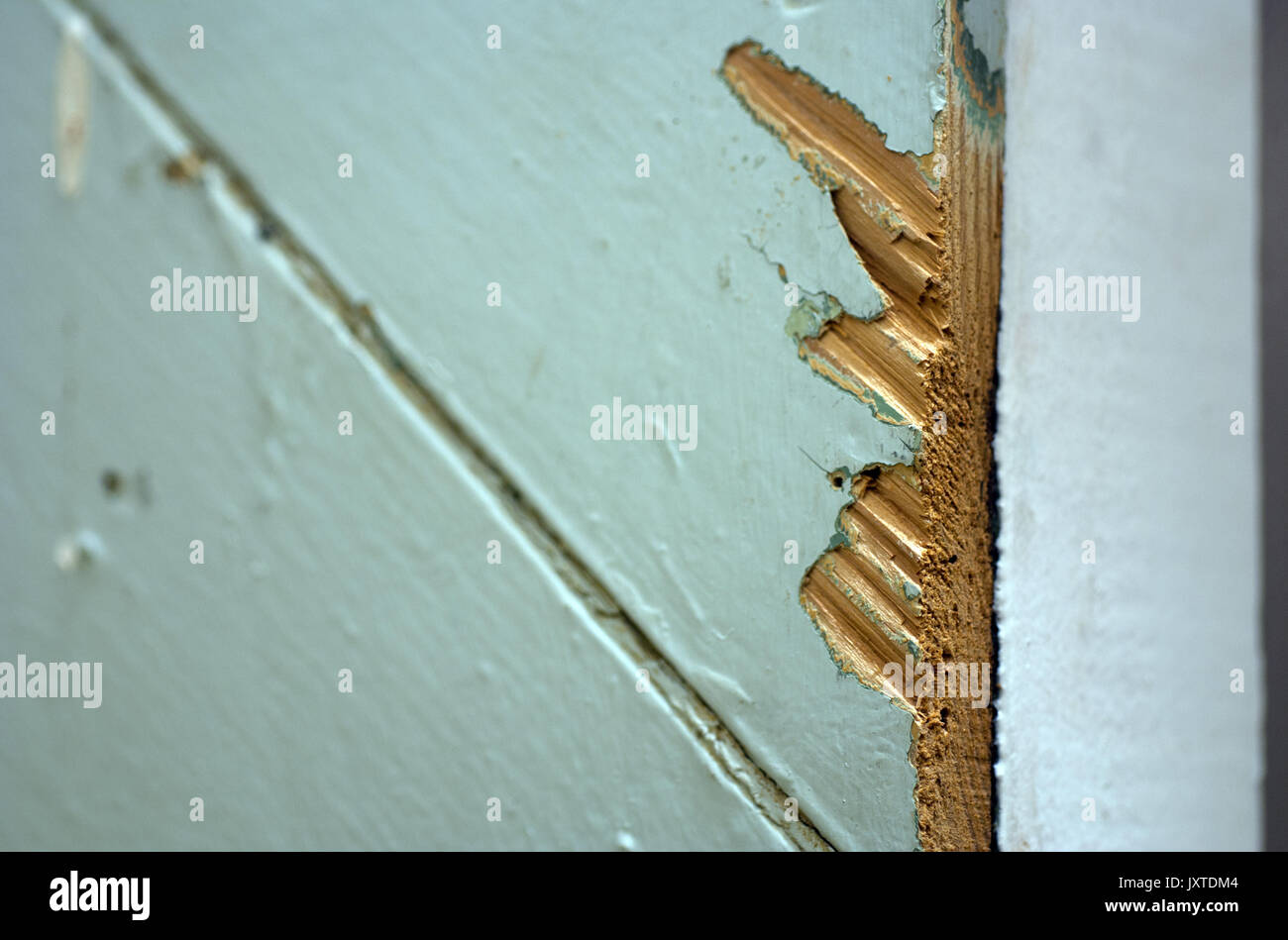 Lack Abgeplatzt aus der Kante einer Diagonale Wand Board Stockfoto