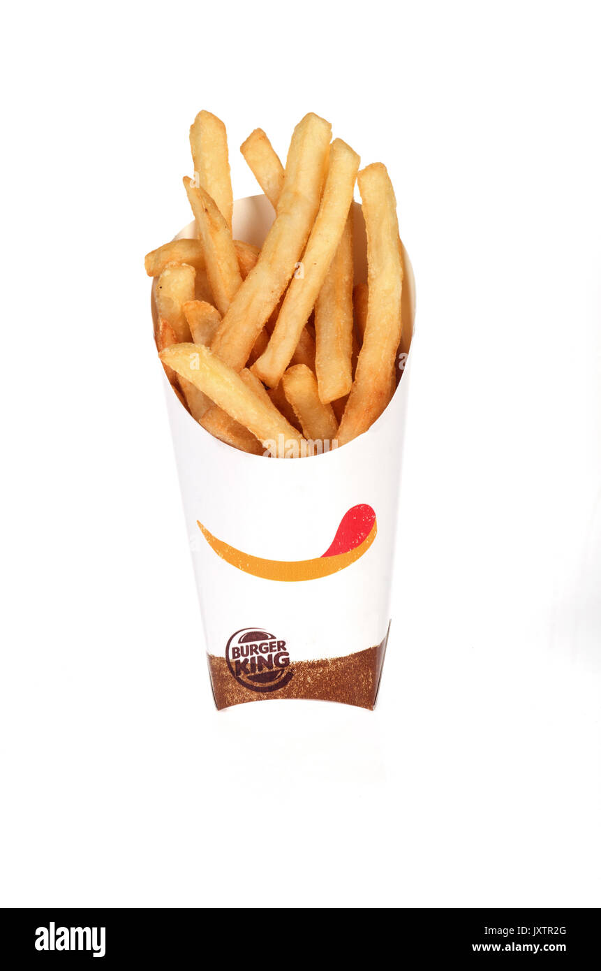 Burger King große Pommes auf weißem Hintergrund, ausgeschnitten. USA Stockfoto