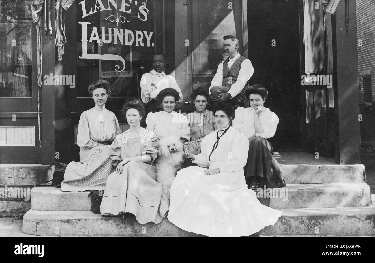 Eine Gruppe von sechs jungen Frauen und zwei jungen Männern, alle mit neutralen Ausdrücken, sitzen mit einem Hund auf den Stufen zu einem Ladenlokal mit der Aufschrift 'Lane's Laundry,', das ein William Taft Poster, 1915 hat. Stockfoto