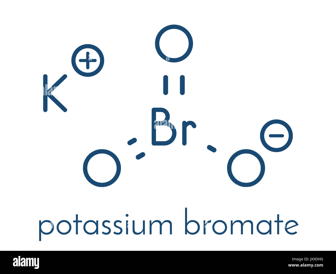 Kaliumbromat KBrO3 (E 924). Als Zusatzstoff in die Backen von Brot, Mehl verwendet. Skelettmuskulatur Formel. Stockfoto