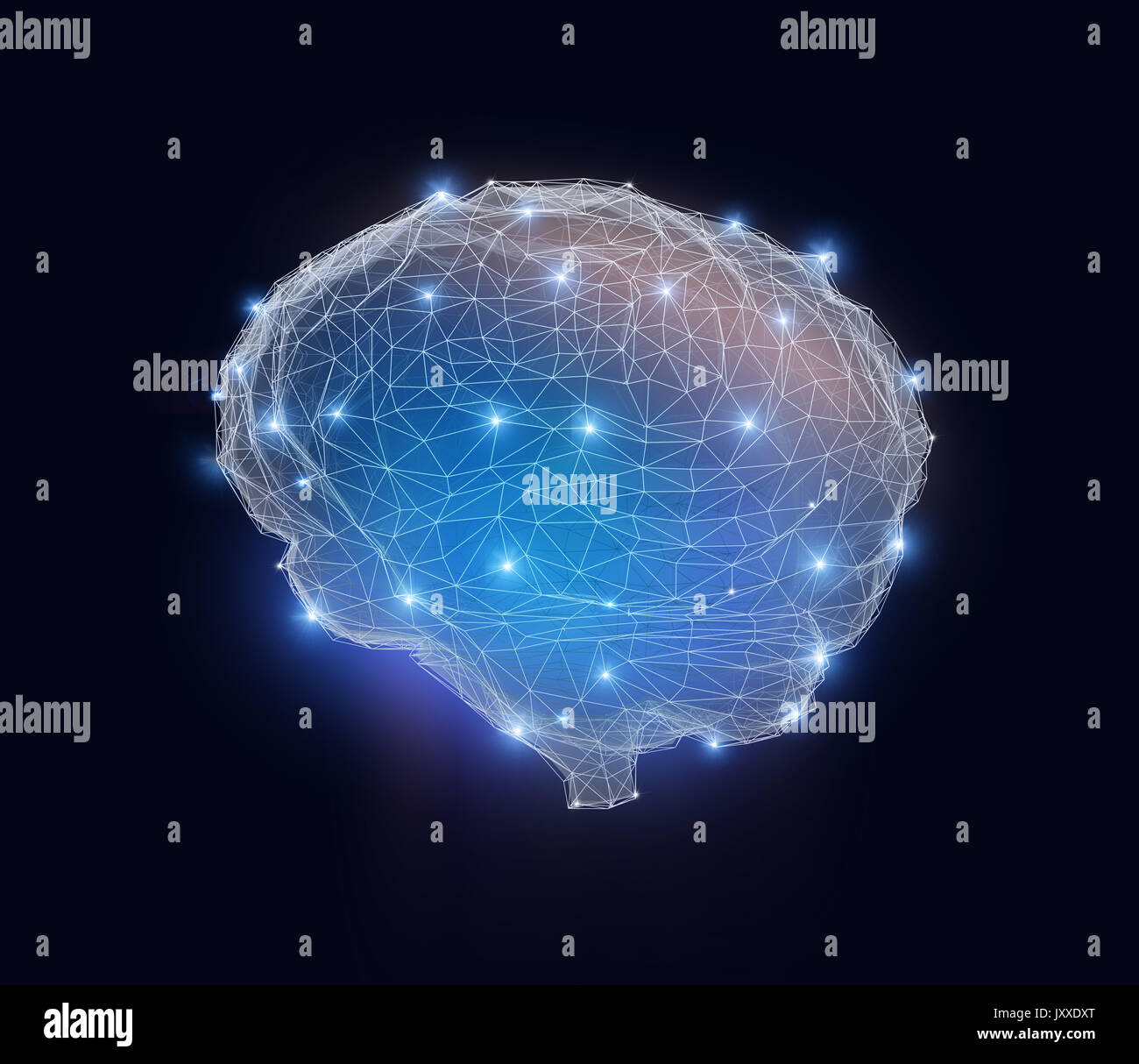 Low Poly Gehirn Modell mit Drahtmodell auf blauem Hintergrund isoliert. Konzept für künstliche Intelligenz. 3D-Bild. Stockfoto