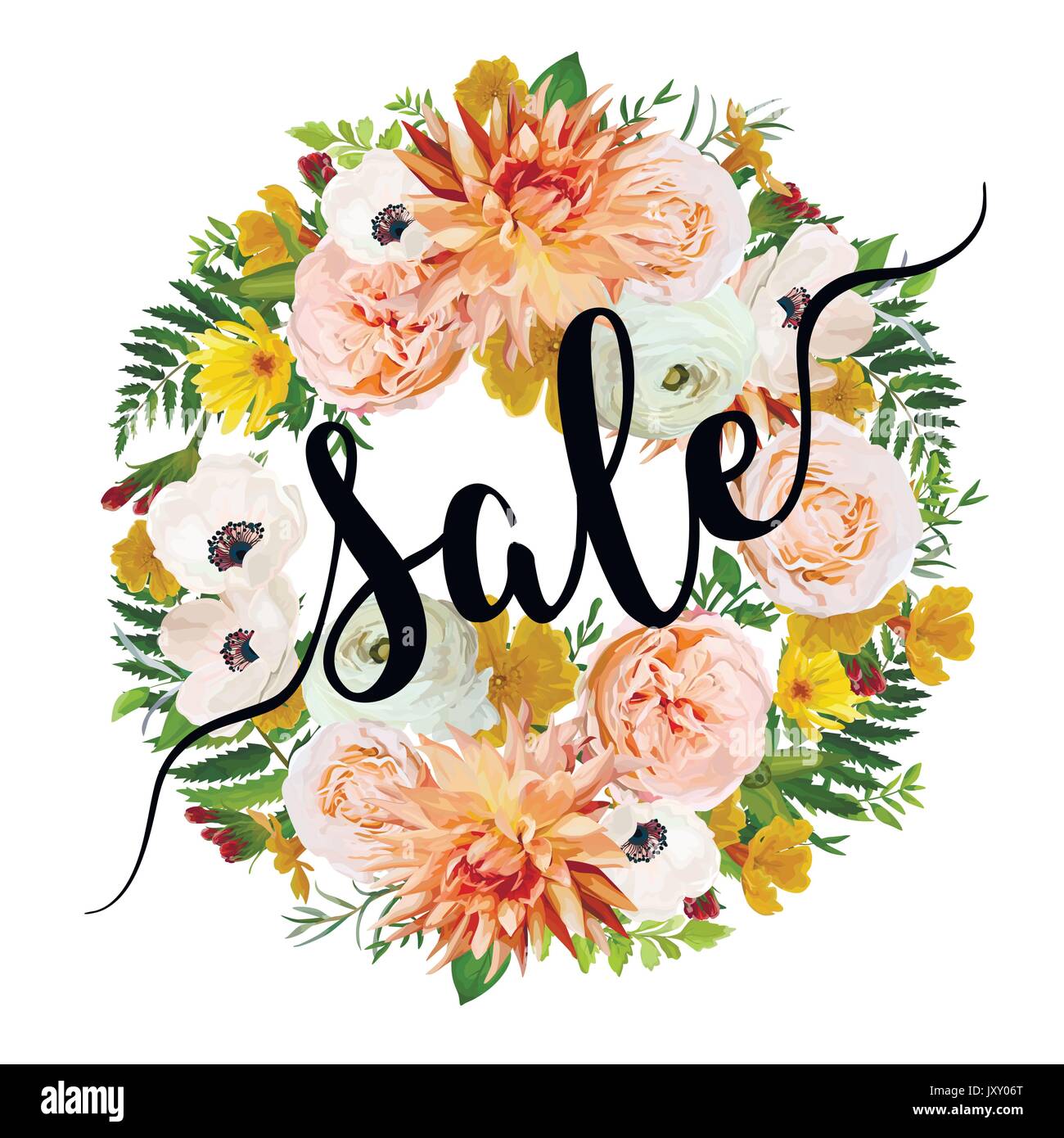 Summer Sale vektor Banner, Poster Hintergrund Kranz rund Girlande mit rosa Garten rose Dahlie Anemone calendula, Grün Kräuter. Elegante Abbildung Stock Vektor