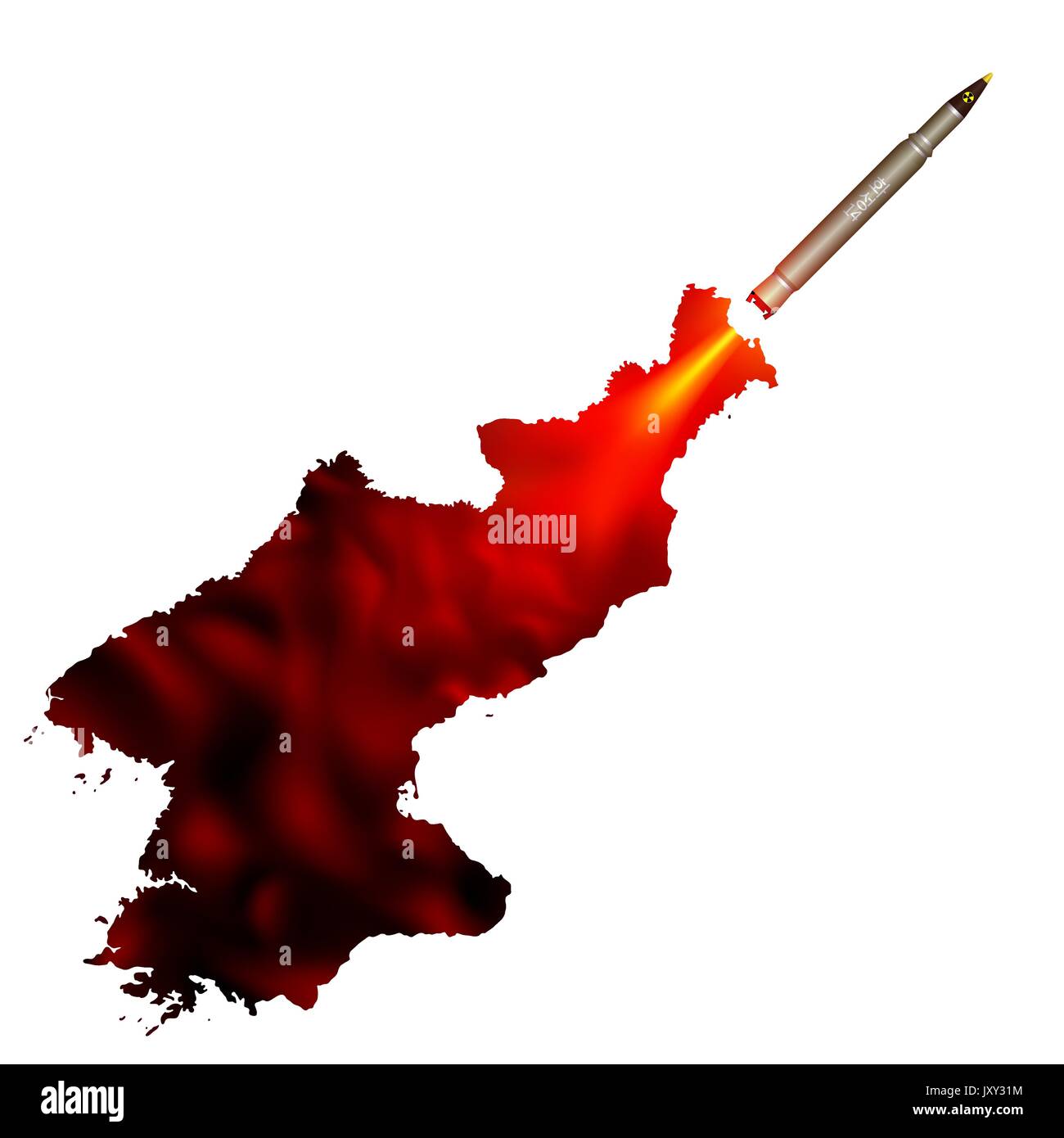 Eine ballistische Atomrakete. Rauchfahne zeichnet die Form eines nordkoreanischen Karte. Politische Kunst gegen eine Provokation der atomaren Weltkrieg. Stock Vektor