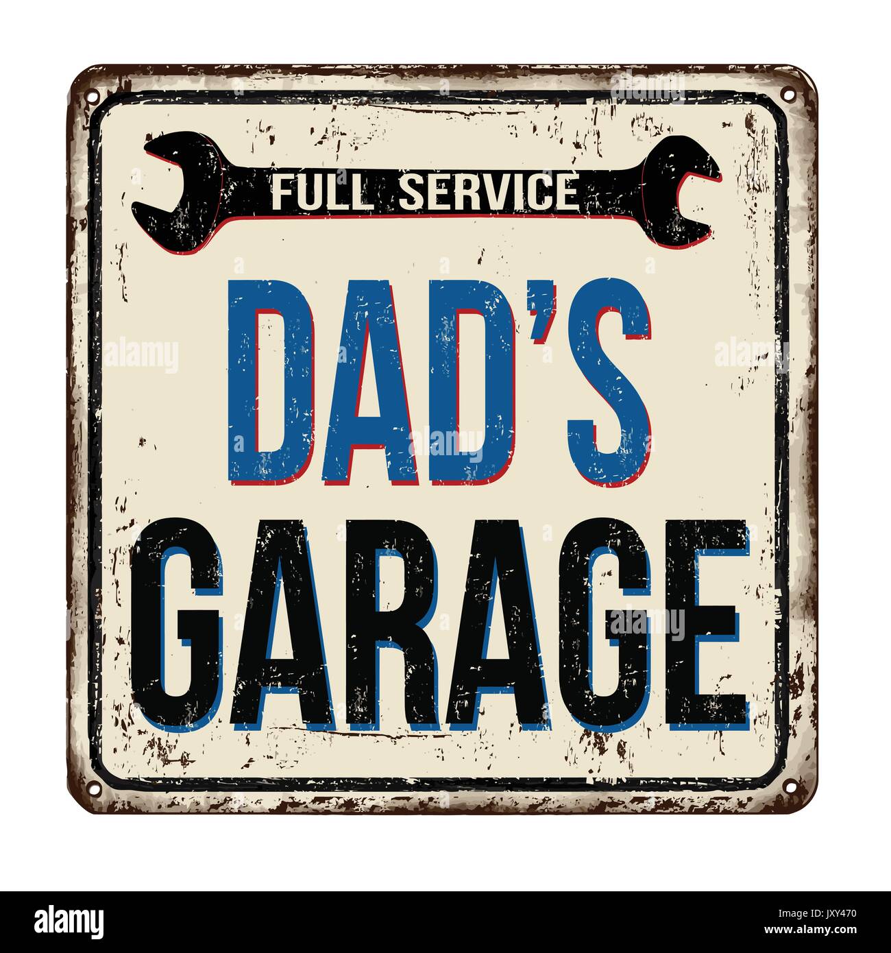 Dad's Garage, full service Oldtimer rostiges Metall Zeichen auf weißem Hintergrund, Vector Illustration Stock Vektor