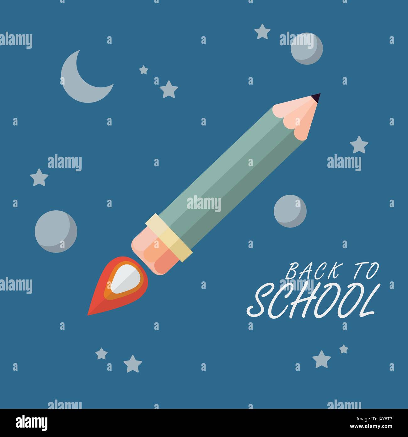 Zurück zu Schule. Bleistift Rakete fliegt in den Weltraum Stock Vektor