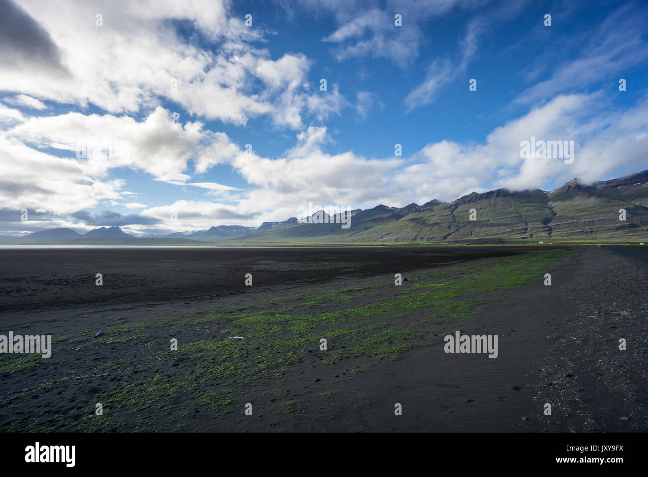 Island - Schwarzer Sand Flachbild mit grünem Moos zwischen den Bergen Stockfoto