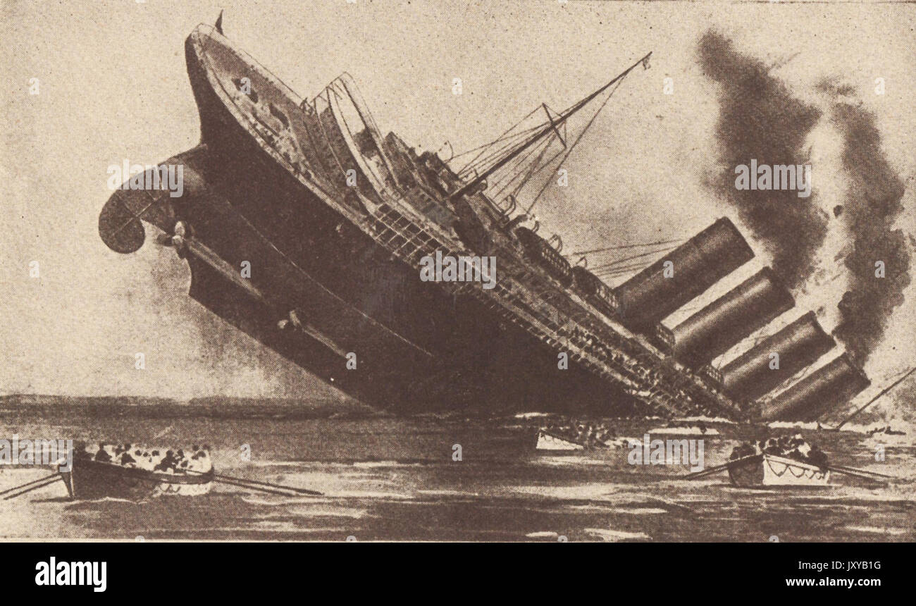 7. Mai 1915 - eine zeitgenössische Darstellung des Untergangs der Ozeandampfer RMS Titanic. Stockfoto