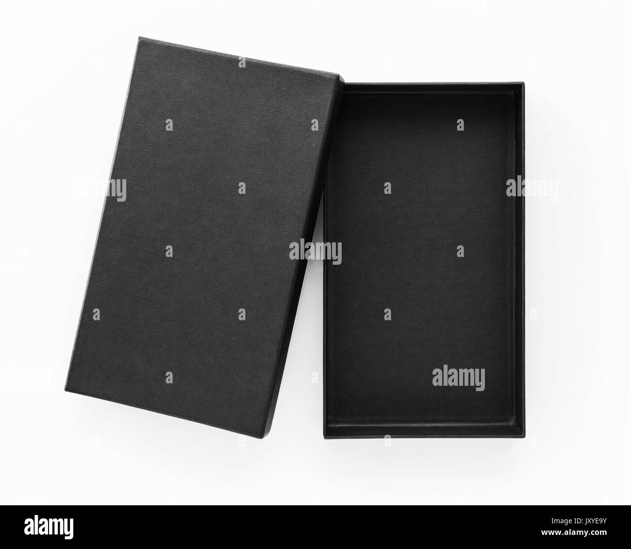 Black box Verpackung auf weißem Hintergrund Stockfoto