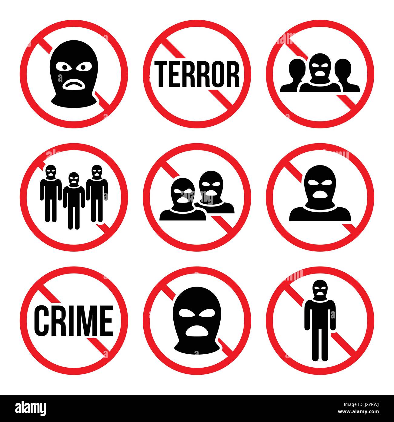 Terrorismus stoppen, kein Verbrechen, keine Warnzeichen der Terrorgruppe, Vektorsymbole werden gesetzt Stock Vektor