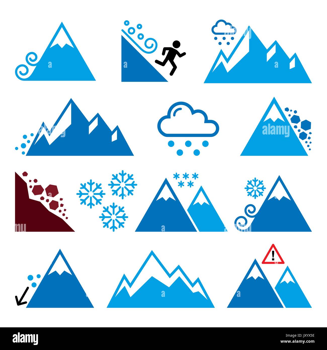 Berge, Lawine, Schneerutsche – Symbole für Naturkatastrophen Stock Vektor