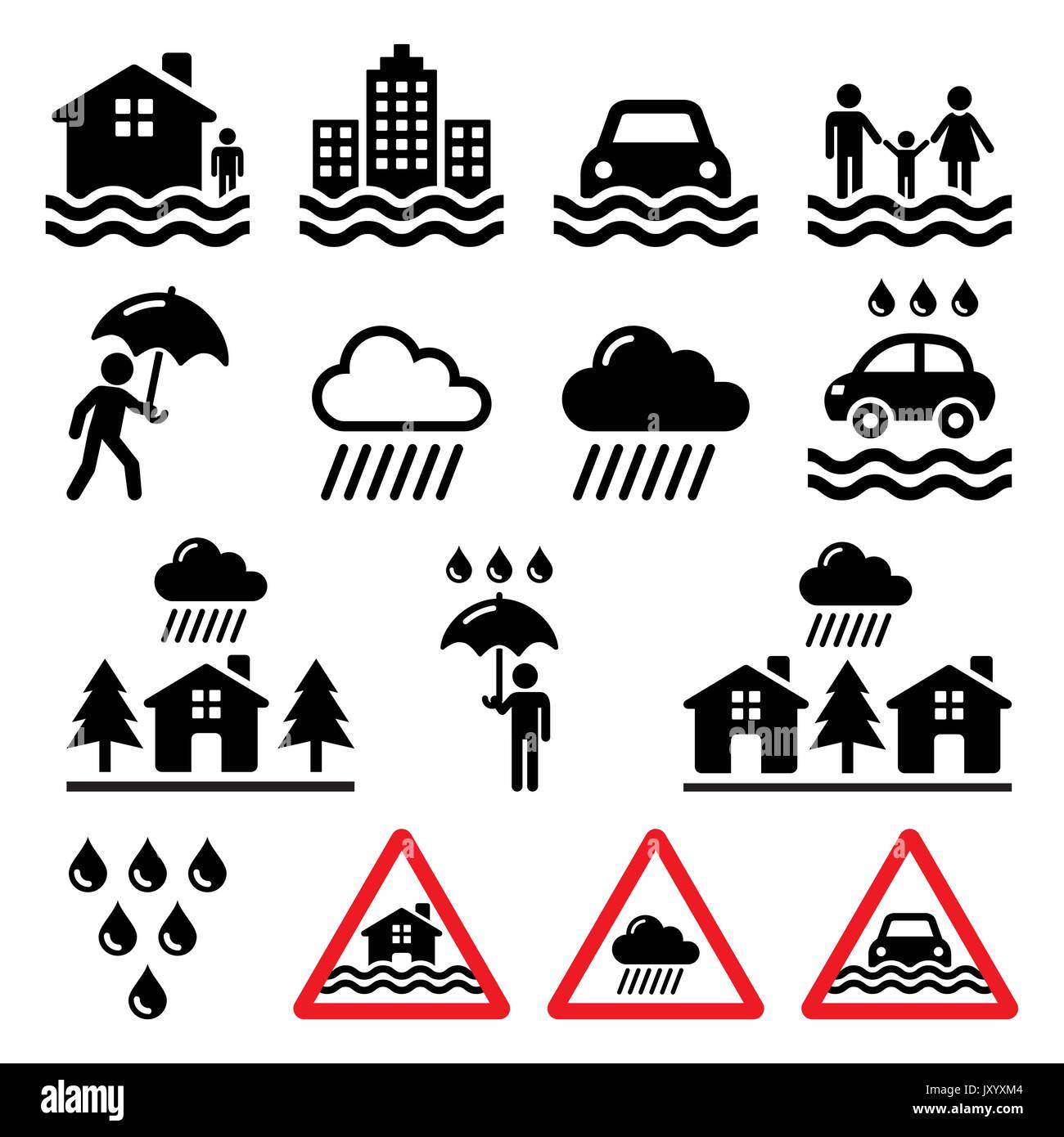Symbole für Hochwasser, Naturkatastrophen, Starkregen Stock Vektor