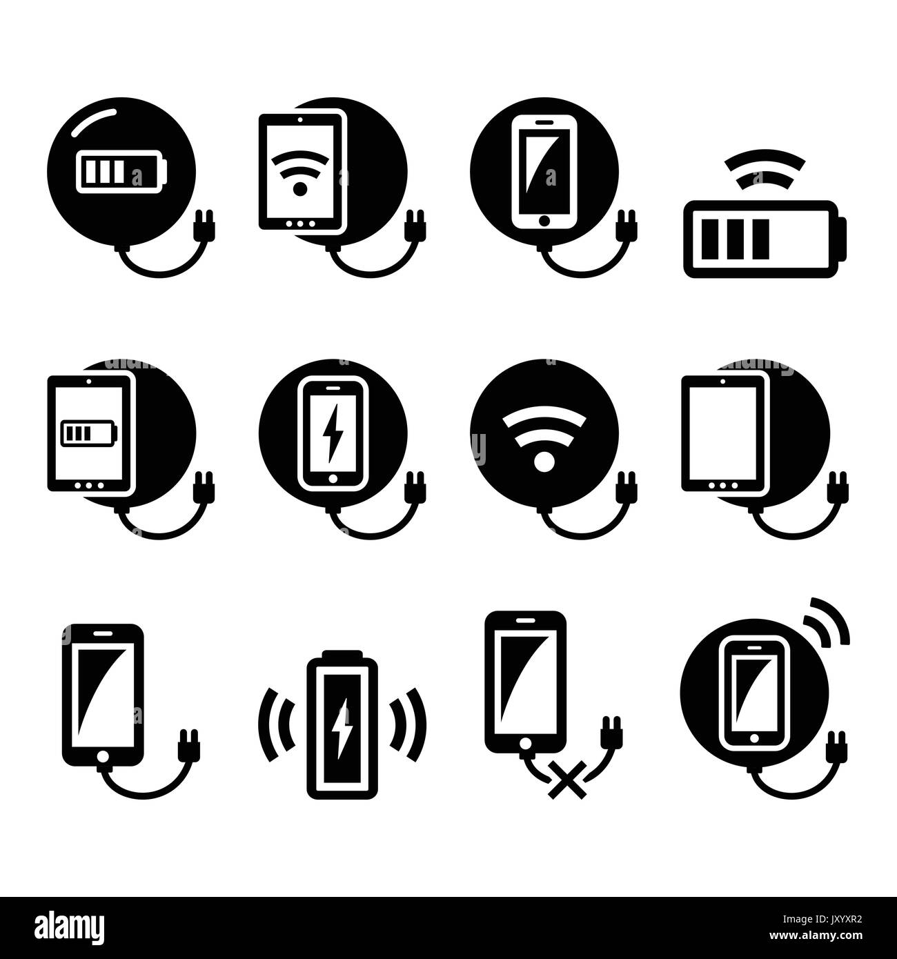 Kabelloses Ladepad für Smartphone- oder Tablet-Symbole. Vector Icons Set - drahtloses Ladegerät weiß isoliert Stock Vektor