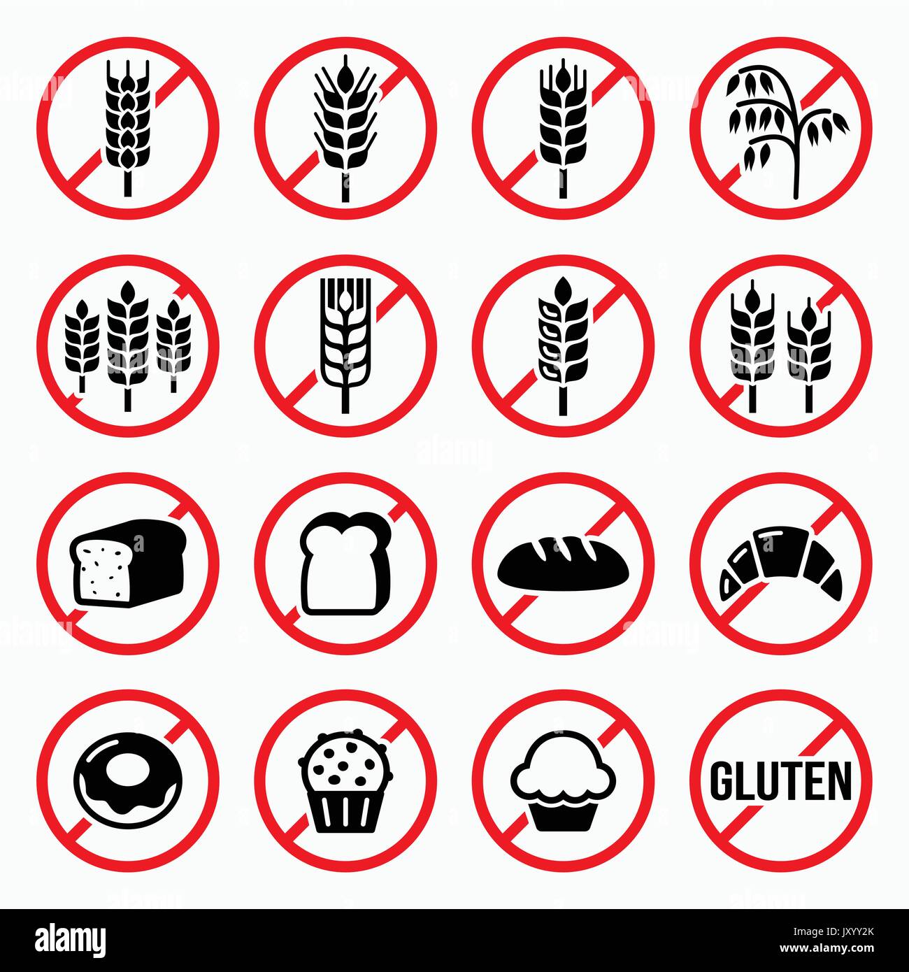 Glutenfreie Schilder, kein Weizen, kein Brot, keine Kuchenschilder  Warnschilder für Lebensmittel, die kein auf Weiß isoliertes Gluten  enthalten Stock-Vektorgrafik - Alamy