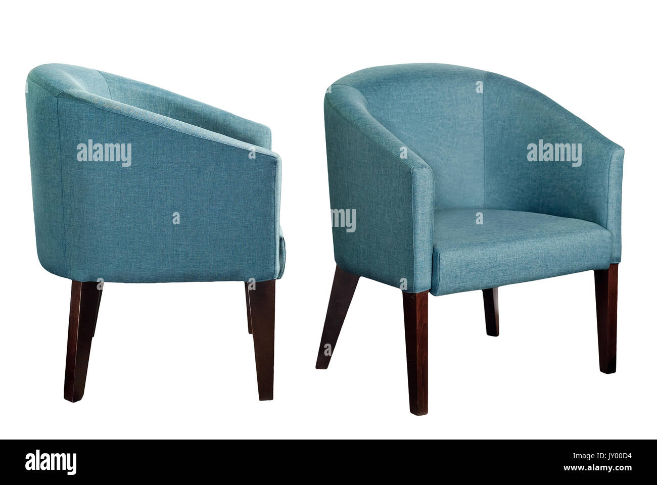 Farbige Stühle aus Stoff und Leder auf weißem Hintergrund Stockfoto