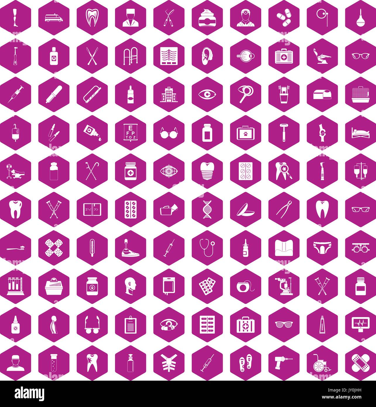 100 Medizinisches Zubehör Symbole hexagon Violett Stock Vektor