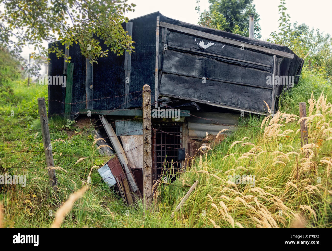 Alten, verlassenen dunklen Scheune am Sommer, der Landschaft Stockfoto