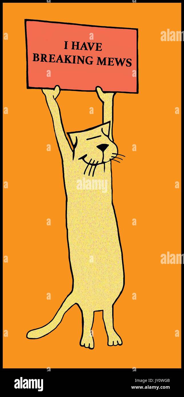 Cartoon Illustration einer Katze mit einem Schild und ein Wortspiel über Breaking News. Stockfoto