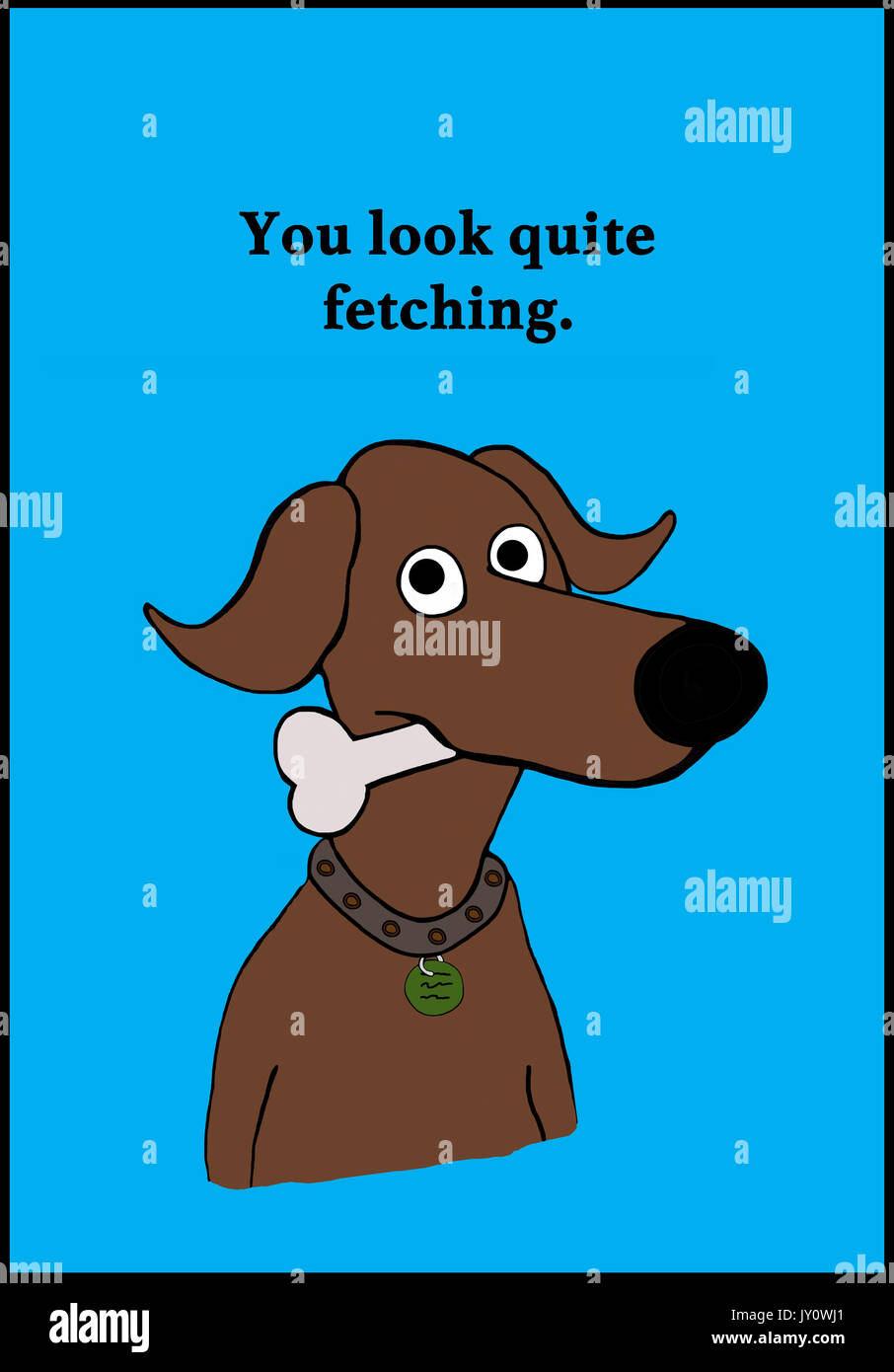 Cartoon Illustration eines Hundes mit einem Knochen im Maul und ein Wortspiel zu holen. Stockfoto