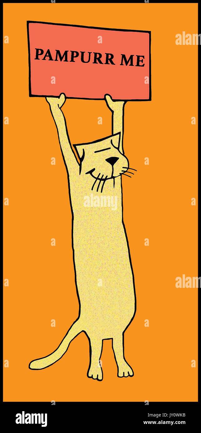 Cartoon Illustration einer Katze mit einem Schild und Wortspiel über verwöhnen lassen. Stockfoto