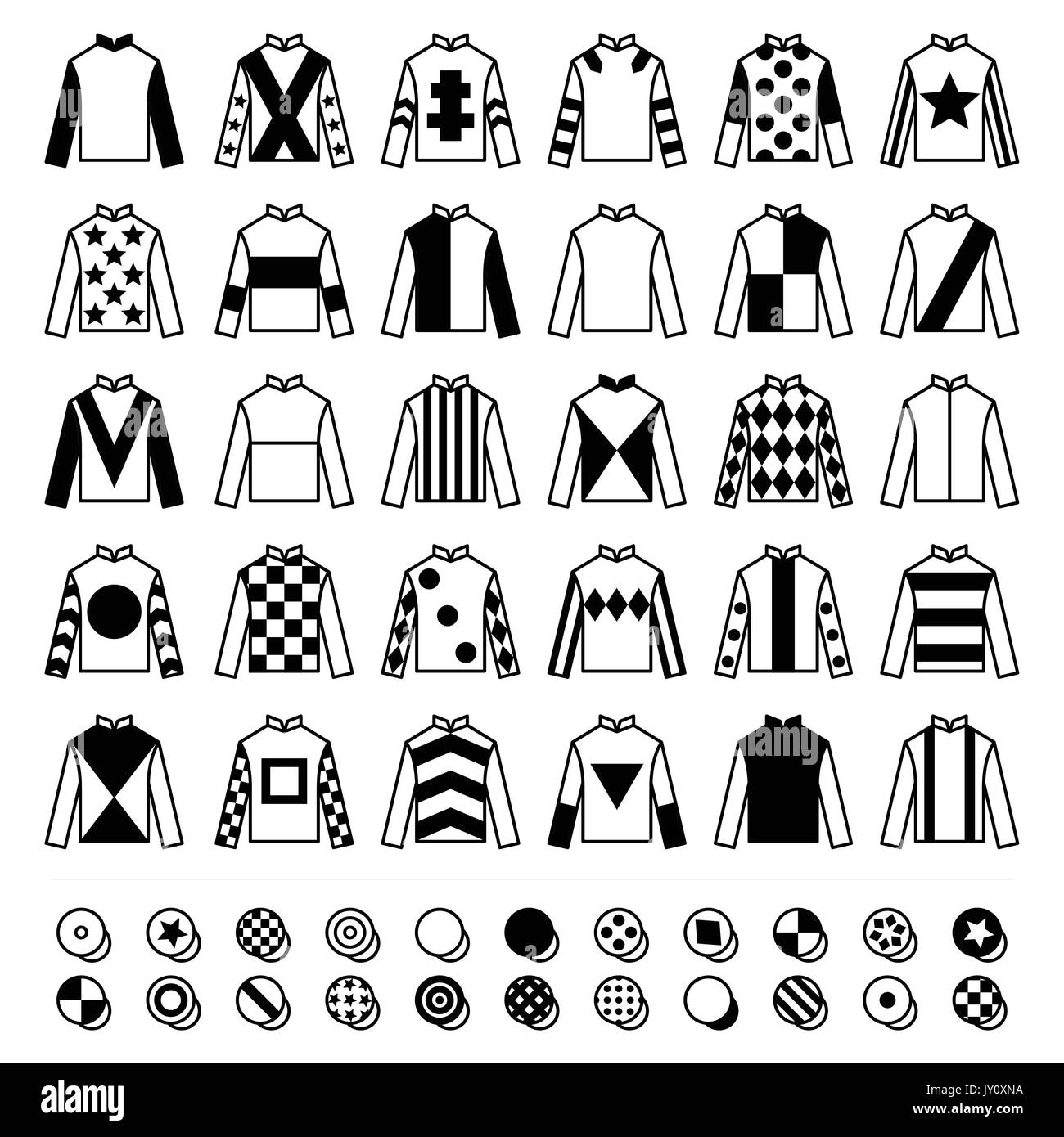 Jockey Uniform - Jacken, Seide und Hüte, Reitsymbole setzen Vector Icons Set - Pferderennen Jockey Uniform einfarbig schwarz Designs isoliert auf Whi Stock Vektor