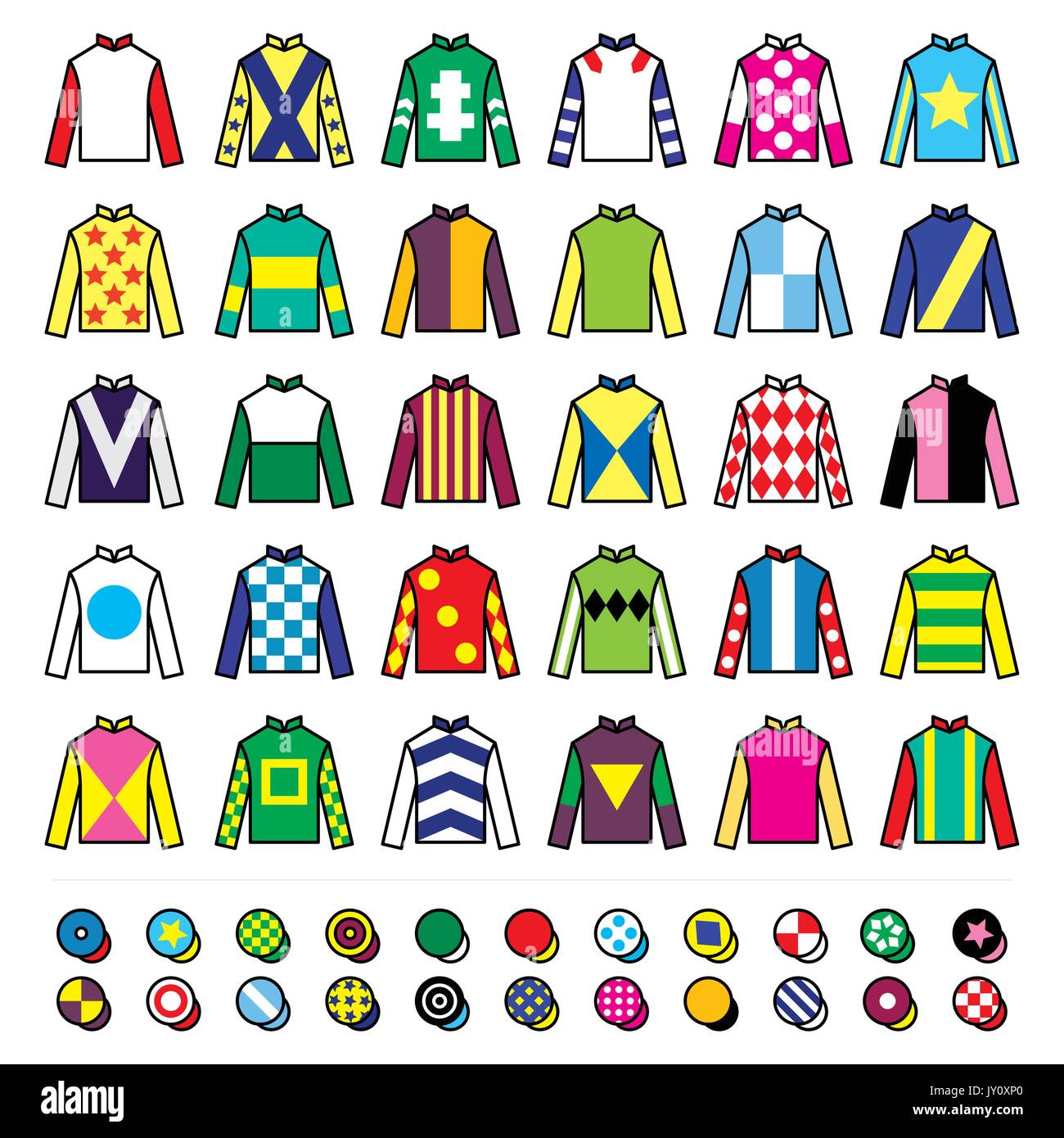 Jockey Uniform - Jacken, Seide und Hüte, Reitsymbole setzen Vector Icons Set - Pferdesport-Jockey-Uniformdesigns isoliert auf Weiß Stock Vektor