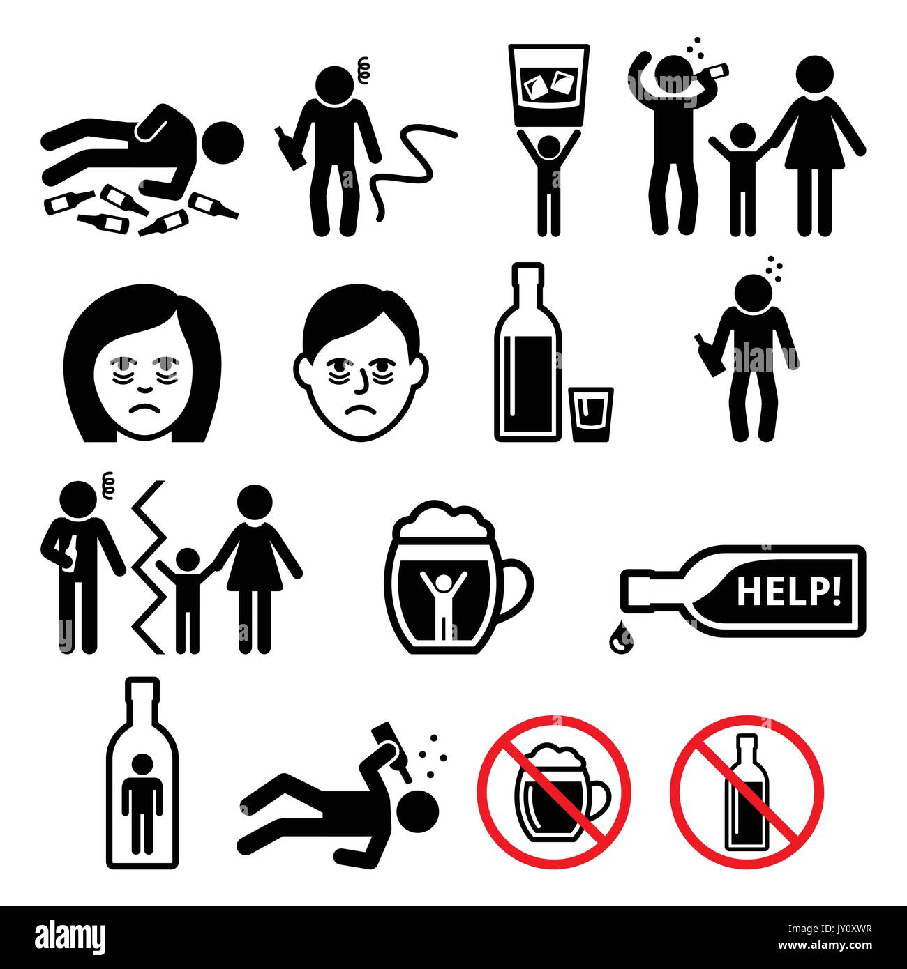 Alkoholismus, betrunkener Mann, Symbole für Alkoholsucht Vektor-Symbole gesetzt - Menschen, die Probleme mit dem Trinken, Alkoholmissbrauch haben Stock Vektor