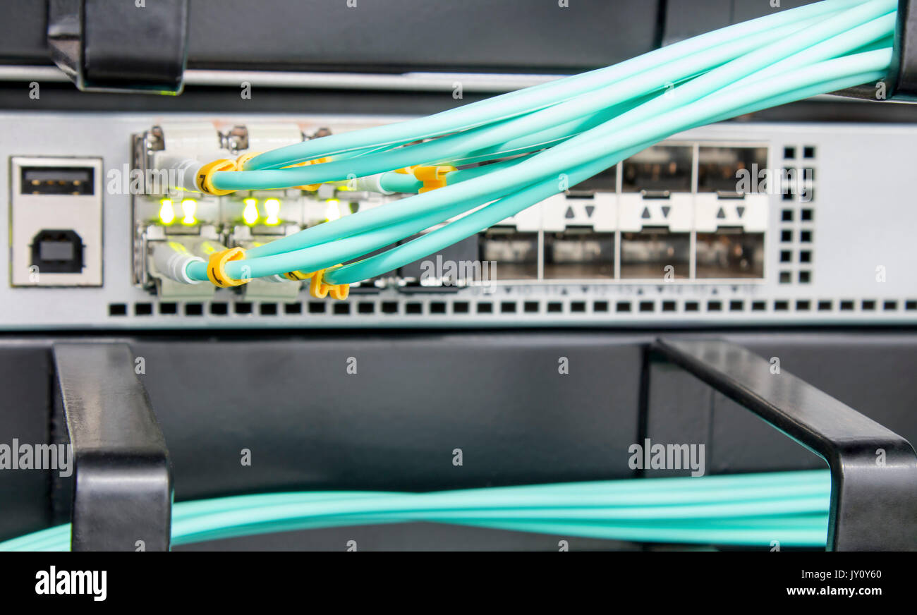 Fiber Optic Patch führt zu einer Verteilung über das Netzwerk Router mit einer geringen Tiefenschärfe angeschlossen Stockfoto