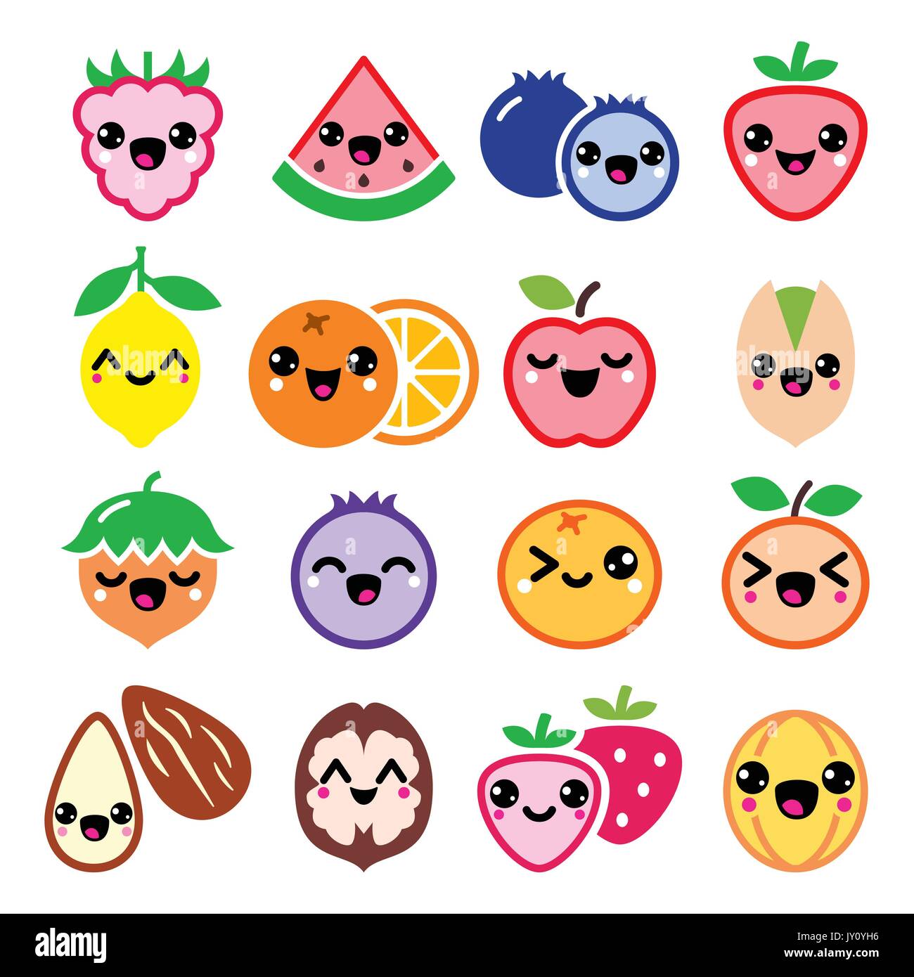 Kawaii Früchte und Nüsse niedlichen Figuren design Vector Icons Set von japanischen Kawaii in Farbe isoliert auf weißem Stock Vektor