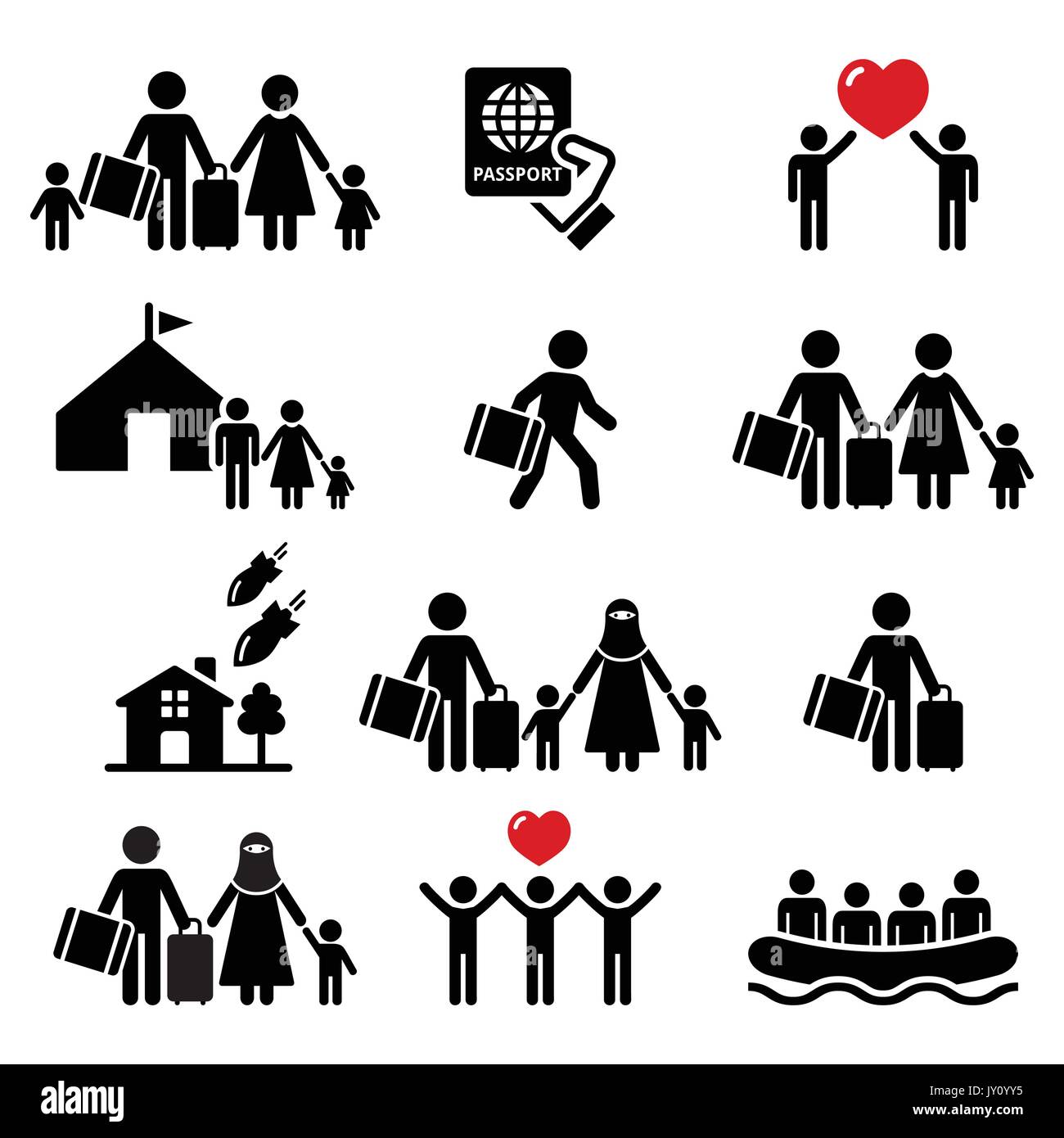 Flüchtling, Einwanderer, Familien aus ihren Ländern Icons Set Flüchtlingsfamilie Vector Icons, die auf Weiß gesetzt isoliert Stock Vektor