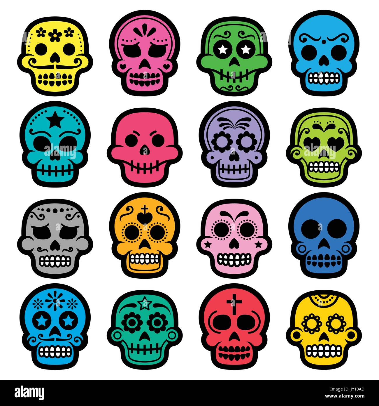 Halloween, mexikanische Sugar Skull, Dia de los Muertos - cartoon Symbole Vector Icons Set von Dekorierten Schädel isoliert auf Weiss - Tod Konzept Stock Vektor