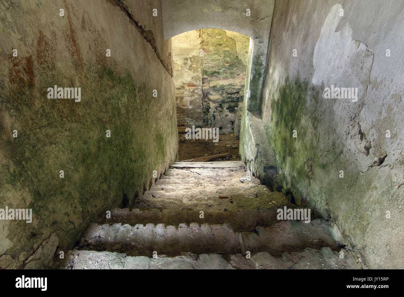 Treppe in den Keller - die Ruinen von Augustinerkloster aus dem 13. Jahrhundert Stockfoto